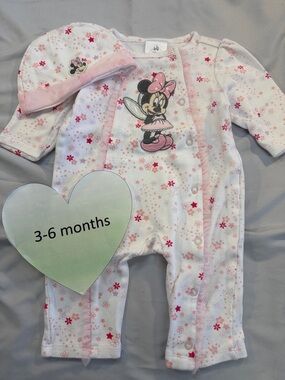 Disney Pink and White Minnie Mouse Jumpsuit with Floral Design and matching hat
